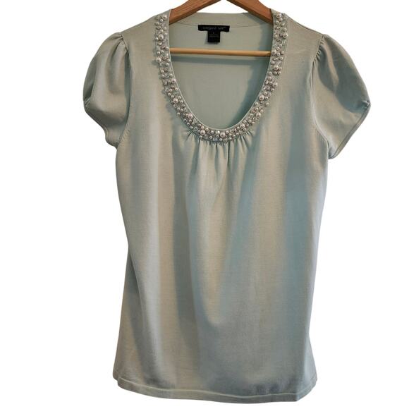 august silk Sweaters - August Silk Lightweight Beaded Neckline Short Sleeve Sweater Size Large